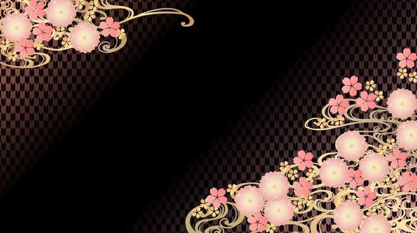 桜と矢絣の豪華なフレーム薄紅　16：9 桜,和風,波,春,花,植物,和柄,矢柄,矢絣,満開のイラスト素材