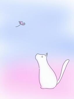 コスモスを見る猫 秋,水彩,猫,コスモス,手書き,かわいい,ゆるい,ほっこり,やさしい,癒しのイラスト素材