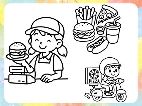 ファーストフード　０２　ぬりえ ぬりえ,かわいい,ファーストフード,ハンバーガー,趣味のイラスト素材