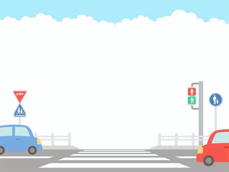 横断歩道_停止する車 背景,風景,フレーム,枠,コピースペース,交通安全,車,自動車,乗用車,車両のイラスト素材