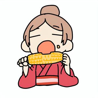 トウモロコシを丸ごと食べる浴衣女性 女性,浴衣,とうもろこし,とうきび,丸ごと,丸かじり,上半身,野菜,一本,かじりつくのイラスト素材