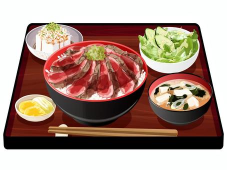 ステーキ丼定食 ステーキ丼,定食,料理,食べ物,丼物,ステーキ,味噌汁,ネギ,豆腐,わかめのイラスト素材