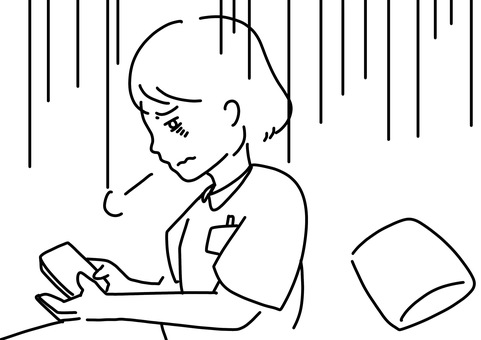 仮眠から目覚める疲労した看護師　線画 仮眠,女性,看護師,夜勤,疲労,ストレス,限界,スマホ,線画のイラスト素材