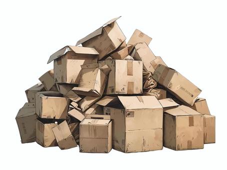 白背景に山積みの汚れたダンボール箱
