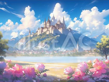 ピンクの花に映える湖畔の白い城_背景画