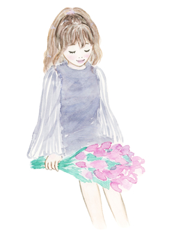 花束を持って座る女性 花束,持つ,座る,女性,女の子,女の人,チューリップ,女子,人,人物のイラスト素材