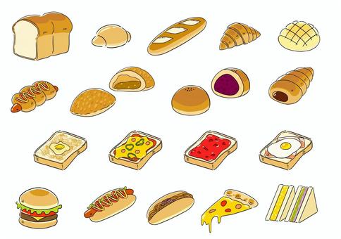 パンイラストセット パン,食パン,ロールパン,フランスパン,クロワッサン,メロンパン,ホットドッグ,カレーパン,あんぱん,チョココロネのイラスト素材