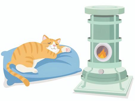 眠る猫とレトロな石油ストーブ 冬,猫,ストーブ,石油ストーブ,レトロ,トラ猫,茶トラ,ペット,動物,暖房のイラスト素材