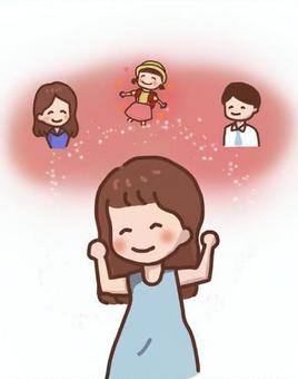 様々な人を思い出して、やる気を出す女性 家族,関係者,やる気,お母さん,女性のイラスト素材