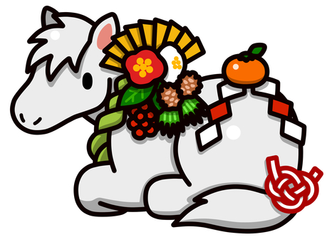 正月飾りをつけた白馬 馬,サラブレッド,正月,干支,十二支,縁起物,年賀状,素材,年末,扇のイラスト素材