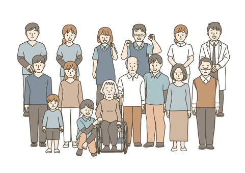 家族と多職種チームが寄り添う高齢者ケア 多職種連携,チームケア,三世代家族,高齢者,利用者,車椅子,介護士,看護師,医師,福祉のイラスト素材