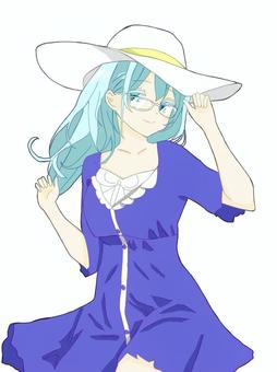 青いワンピースの女性 女性,ワンピース,眼鏡,夏,立ち絵,帽子,青い瞳,上半身のイラスト素材