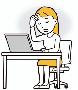  ロングヘア女性(黄)-014-全身 パソコン,落ち込む,女性,女の子,人物,かわいい,心配,悩む,困る,ストレスのイラスト素材