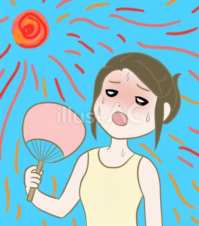 うちわで仰ぐ女性　真夏　汗だく　背景あり うちわ,女性,人物のイラスト素材