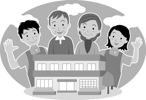 老人ホーム(介護施設)1色・単色イラスト 老人ホーム(介護施設)1色・単色イラスト 介護,福祉,介助,介護士,訪問介護,ホームヘルパー,ケアマネージャー,スタッフ,シニア,老人ホームのイラスト素材