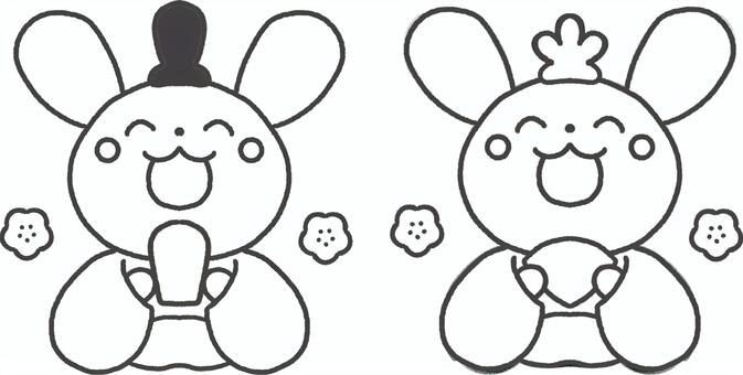 うさぎのお内裏様とお雛様の笑顔のイラスト 雛祭り,お雛様,ひなまつり,3月,線画,白黒,モノクロ,3月3日,桃の節句,ひな祭りのイラスト素材