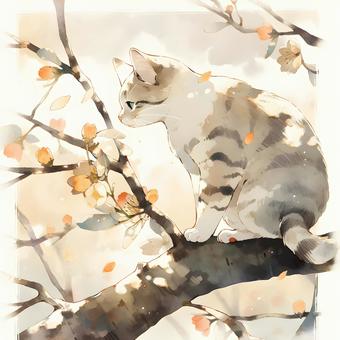 Illustration, cat, plum, early spring, 