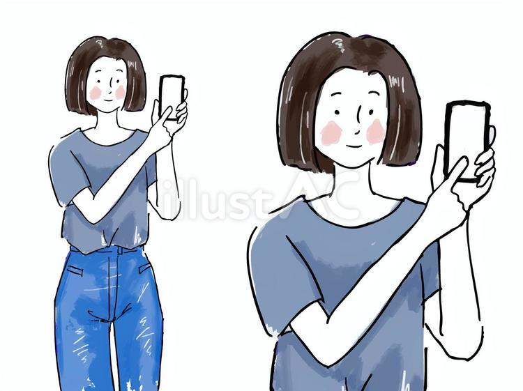 スマホの画面を見せる女性 女性,手描き,スマートフォンのイラスト素材