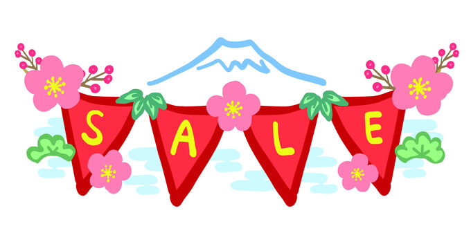 富士山と松竹梅、正月セールのガーランド セール,冬,販売促進,かわいい,手描き,白バック,可愛い,sale,クリアランス,デパートのイラスト素材