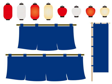 青いのれんと旗と提灯のセット 暖簾,提灯,旗,のぼり旗,看板,お店,商売,和風,日本,無地のイラスト素材