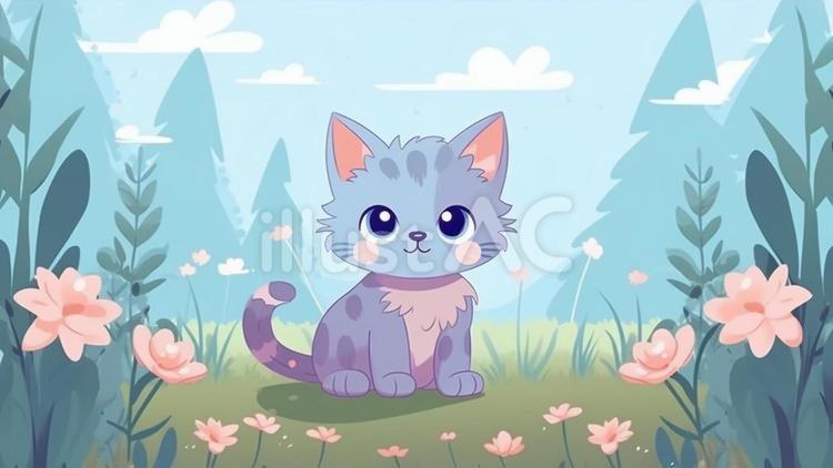 可愛い子猫ちゃんと花畑 かわいい,猫,喜ぶのイラスト素材