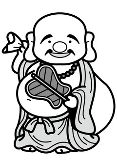 布袋尊-2c 布袋尊,布袋,七福神,神様,扇,袋,首飾り,笑顔,ヒゲ,かわいいのイラスト素材
