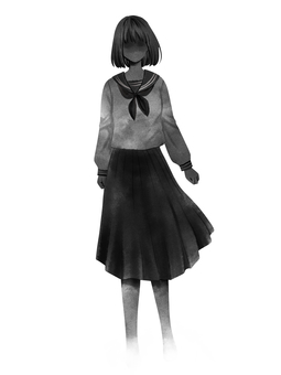 セーラー服の少女(ボブ)　ホラー素材 ホラー,セーラー服,女子,女の子,ボブ,幽霊,オカルト,怖い,黒,水彩のイラスト素材