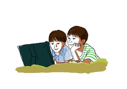 寝転がってタブレットを見る子どもたち 人物,家族,イラスト,日本人,寝る,屋内,子供,家,リビング,男性のイラスト素材