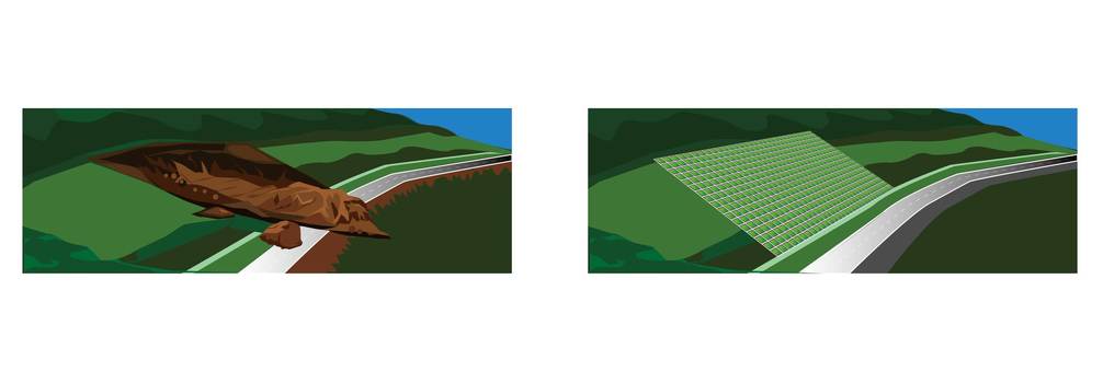 災害道路復旧工事前路（法枠版） 災害,道路,復旧,工事,ビフォー,アフター,法枠のイラスト素材