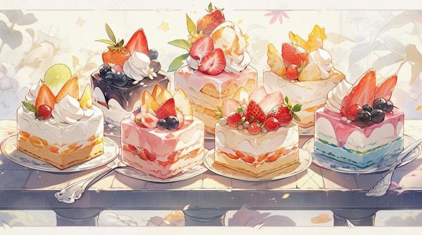 Illustration, four corners, fruits, cake, 