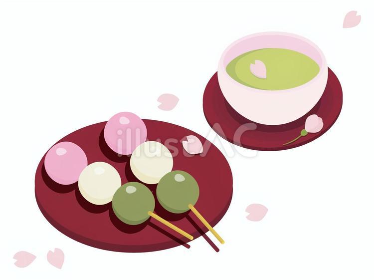 桜とお茶と三色団子 だんご,お花見,三色団子のイラスト素材