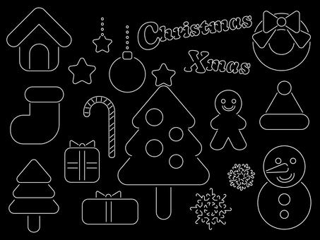 クリスマスのアイコン（線画）白 クリスマス,リース,靴下,キャンディー,スノーマン,雪だるま,雪の結晶,ツリー,クリスマスツリー,プレゼントのイラスト素材