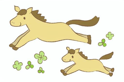 年賀状素材「午／馬」かわいい親子で走る馬 午,馬,うま,親子,家族,年賀状素材,年賀,正月,元旦,ハガキのイラスト素材