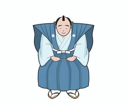 江戸時代　紋付袴の武士のあいさつ 江戸時代,武士,紋付,袴,あいさつ,青,全身,立つのイラスト素材