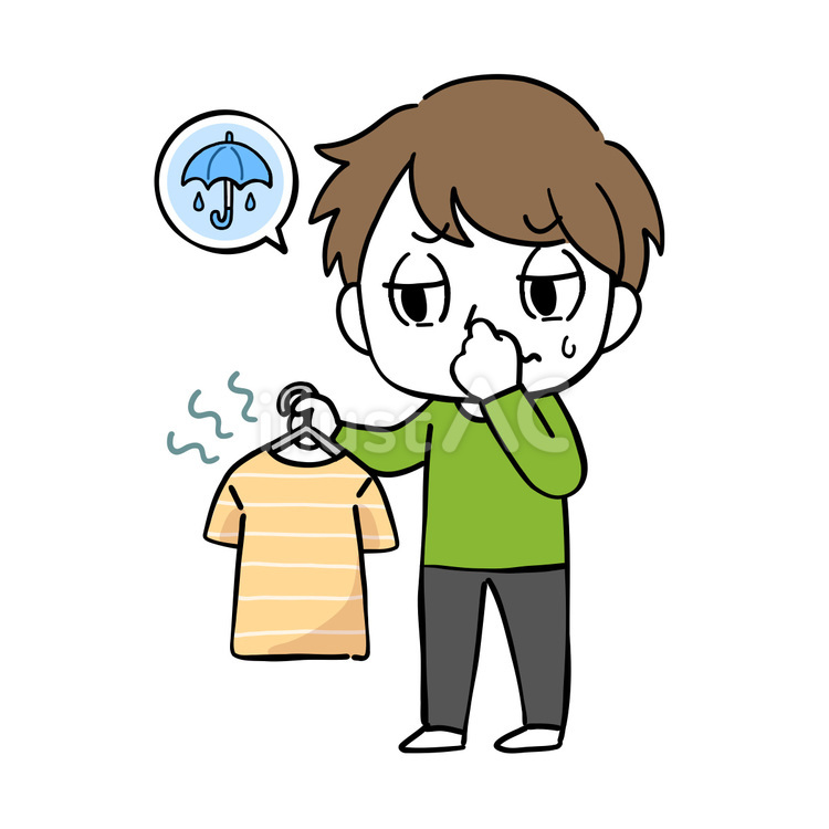 生乾きの洗濯物に困っている男性 生乾き,梅雨,雨のイラスト素材
