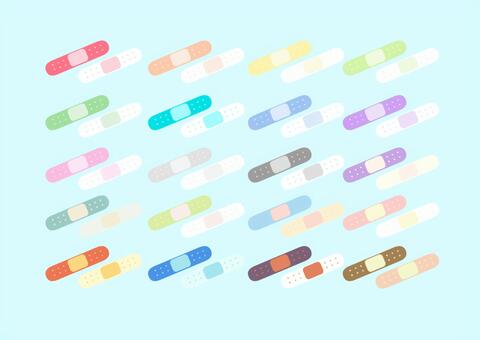 カラフル絆創膏セット 絆創膏,カラフル,赤,橙,オレンジ,黄色,黄緑,白,緑,水色のイラスト素材