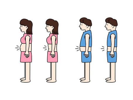ダイエット前後の男女イラスト ダイエット,減量,体型変化,ビフォーアフター,痩せる,お腹,トレーニング,ウェア,スポーツ,健康のイラスト素材