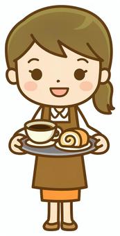 珈琲を運ぶカフェの女性店員(全身図) カフェ,喫茶店,飲食店,飲食業,ウェイトレス,店員,従業員,スタッフ,女性,エプロンのイラスト素材