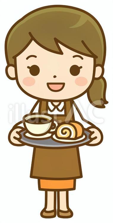 珈琲を運ぶカフェの女性店員(全身図) カフェ,喫茶店,飲食店のイラスト素材
