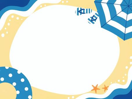 夏のビーチフレーム 夏,海,ビーチ,フレーム,パラソル,浮き輪,砂浜,波,貝殻,サンダルのイラスト素材