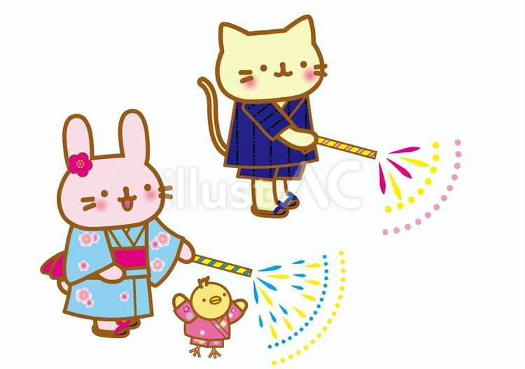 手持ち花火をする動物たち 花火,手持ち花火,浴衣のイラスト素材