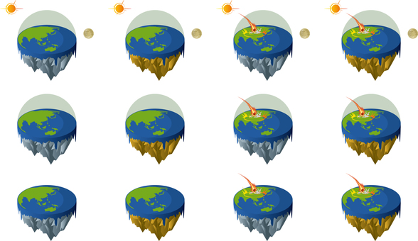 フラットアースセット フラットアース,地球平面説,地球,太陽,月,隕石のイラスト素材