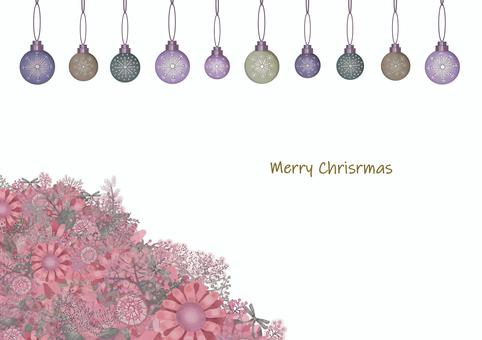 オーナメントと花のカラーイラスト 花,植物,ピンク,オーナメント,クリスマス,白背景,メリークリスマス,ポストカード,丸,飾りのイラスト素材