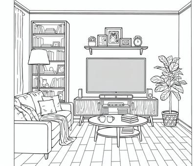 リビング リビング,線画,塗り絵,大人向け,リアル,観葉植物,ソファ,テレビ,本棚,スタンドライトのイラスト素材