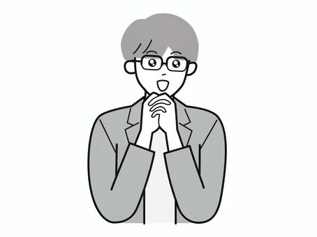 手を組んで目を潤ませる働く男性A/白黒 手を組んで目を潤ませる働く男性A/白黒 両手,潤ませる,キラキラ,男性,お父さん,会社員,アドバイザー,20代,30代,40代のイラスト素材