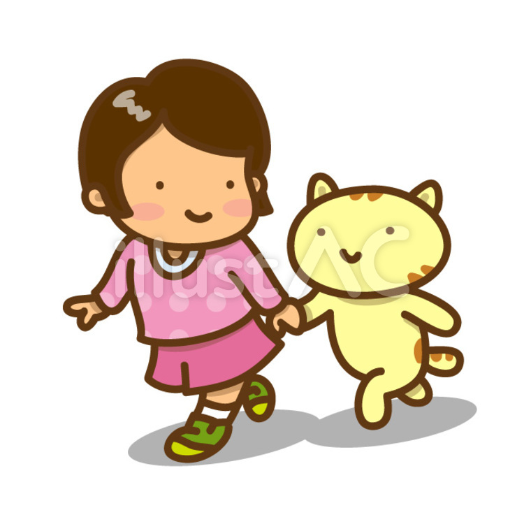 仲良く散歩する女の子とネコのイラスト 手をつなぐ,散歩,さんぽのイラスト素材