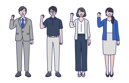 ガッツポーズする男女ビジネスチーム 人物,ビジネス,チーム,同僚,男女,スーツ,喜び,ガッツポーズ,成功,達成感のイラスト素材