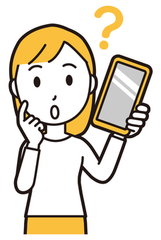  ロングヘア女性(黄)-394-バスト スマホ,はてな,女性,女の子,人物,かわいい,考える,疑問,不思議,質問のイラスト素材