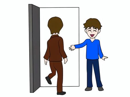 お先にどうぞ 譲る,男性,ドア,入る,後ろ姿,お先にどうぞ,笑顔,嬉しそうのイラスト素材