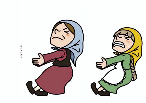 踏ん張るおばあさんと孫娘02 おおきなかぶ,ロシア民話,民話,童話,昔話,ペープサート,工作,ペーパークラフト,踏ん張る,おばあさんのイラスト素材